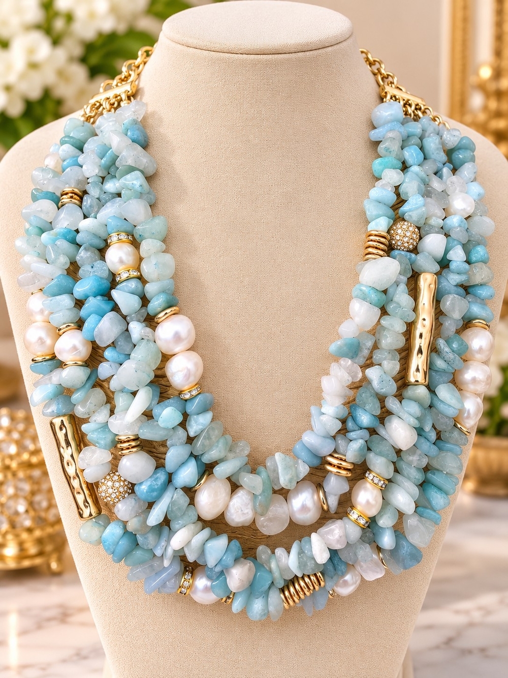 Multi-Strand Aquamarine Chip & Pearl Statement Necklace - Gold Accents